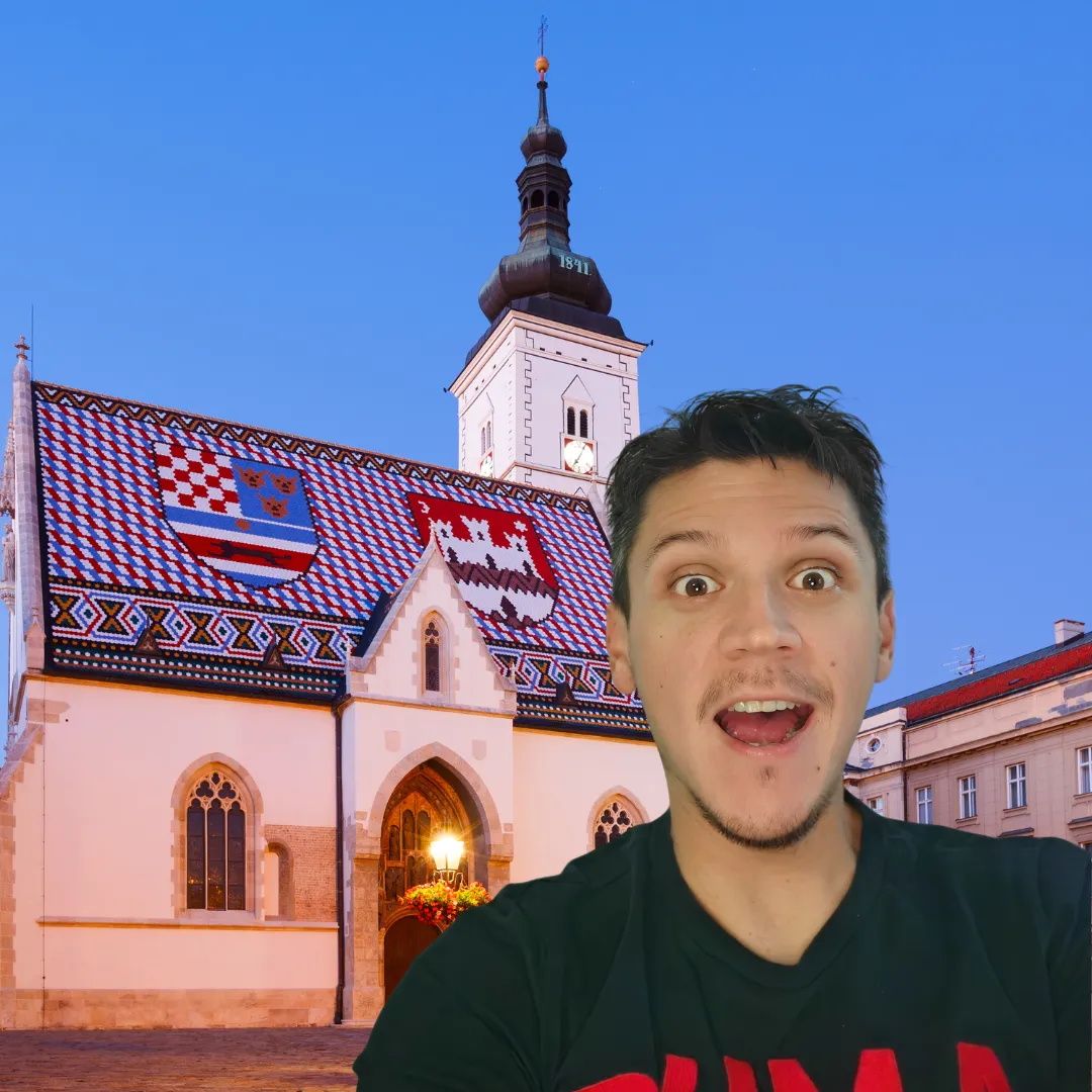 Gabriel looking confused in front of St. Mark's Church in Zagreb